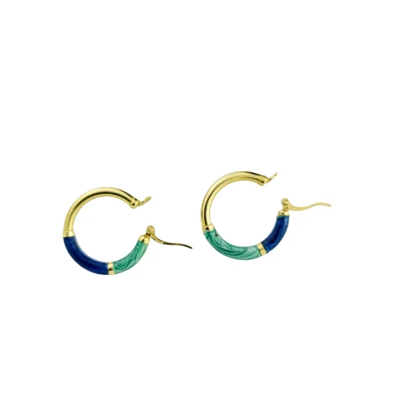 18K Yellow Gold Hollow Hoop Earrings With Blue and Green Enamel